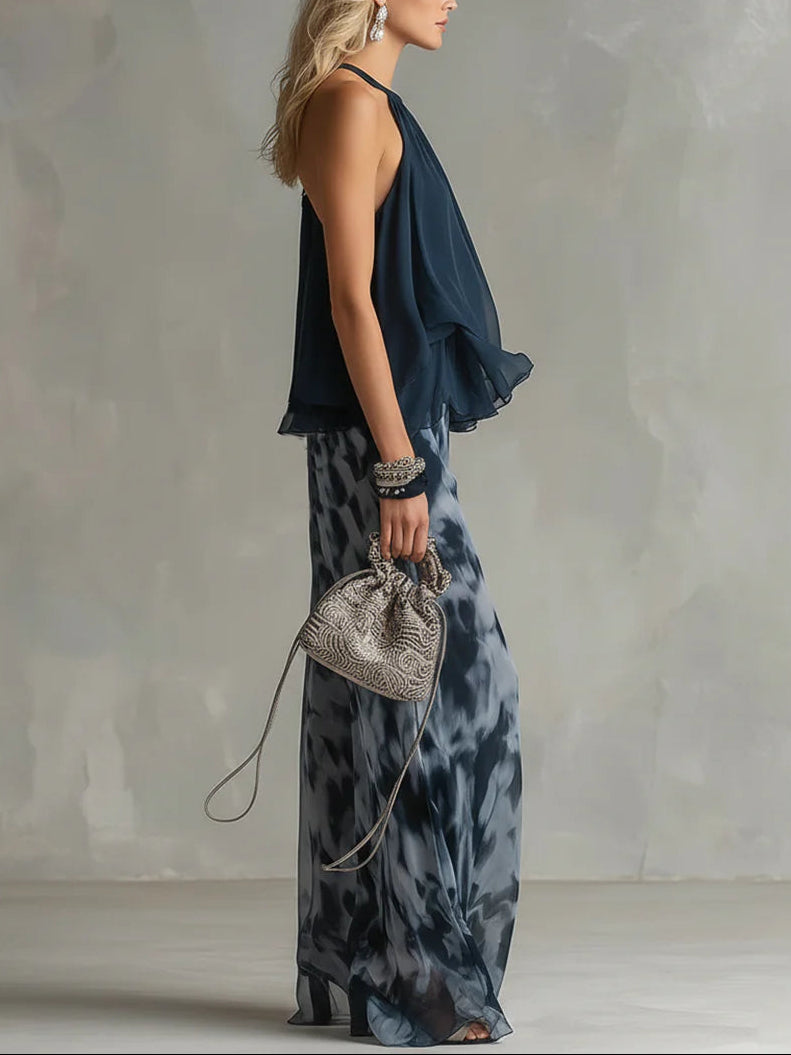 Navy Halter Neck Top And Printed Wide-leg Pants Chiffon Set