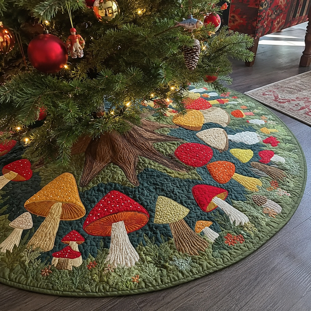 SYLVIA | GREEN MUSHROOM MEADOW CHRISTMAS TREE SKIRT