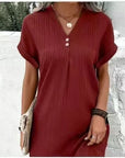 Relaxed V-Neck Dress with Button Detail