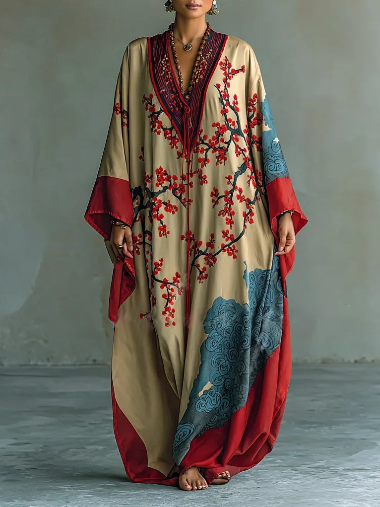 Japanese Red Plum Blossom Maxi Dress with Batwing Sleeves and Print