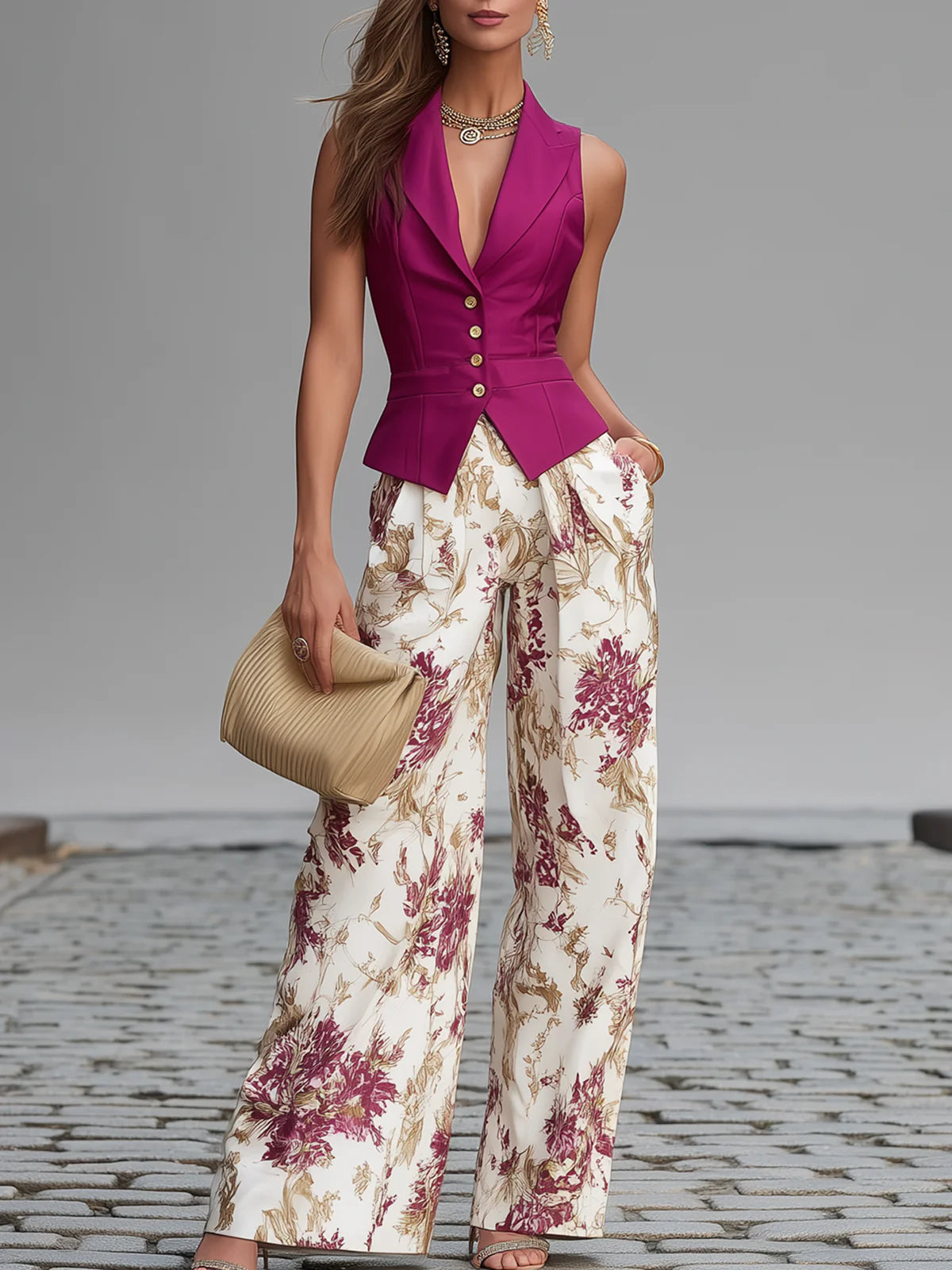 Rose Pink Sleeveless Vest And Floral Printed Wide-leg Pants Set