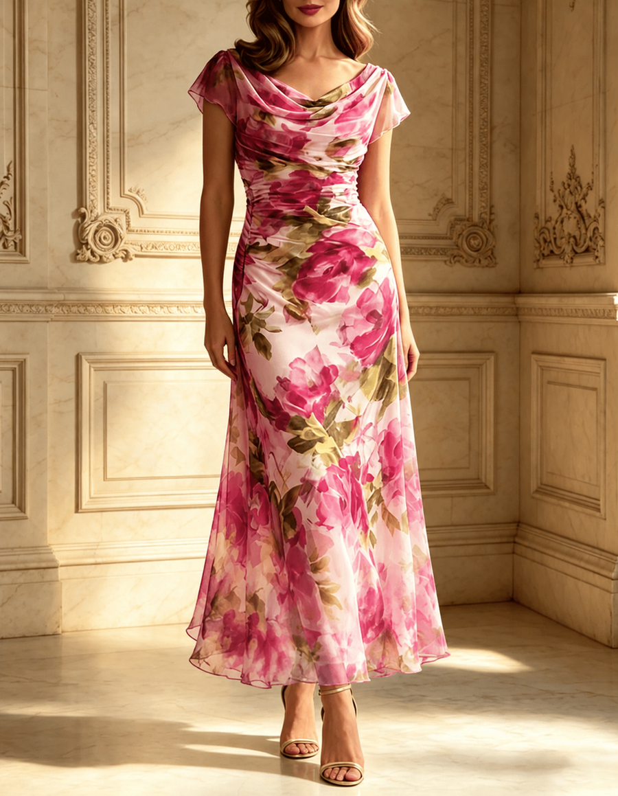 Rose Pink Chiffon Floral Print Cowl-Neck Fishtail Maxi Dress