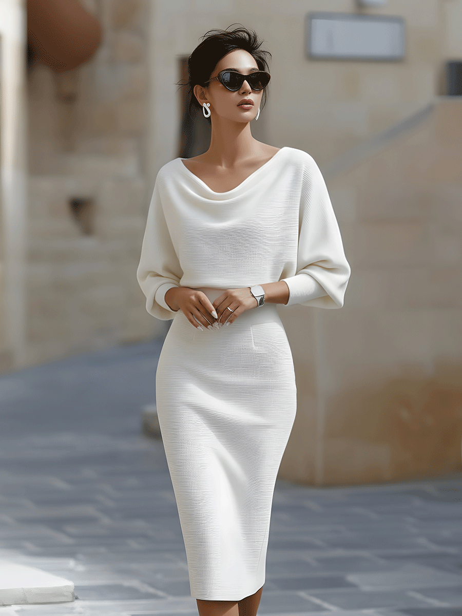 Olivia | White Draped Batwing Midi Dress